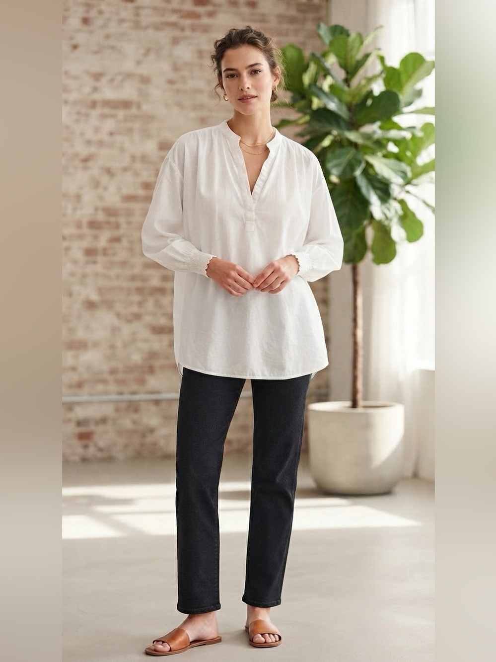 Uniqlo White Peasant Tunic Top | Split V-Neck | Boho Minimalist | Size S